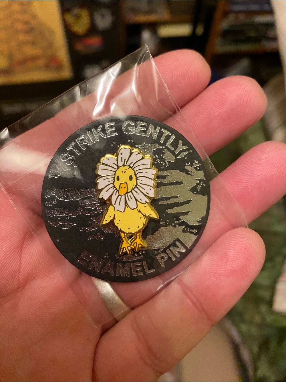Brand New in Packaging Strike Gently Silly Duck Flower Enamel Pin